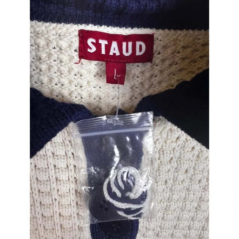 STAUD Altea Cream Navy Waffle Knit Polo Sweater Size L‎ NWT